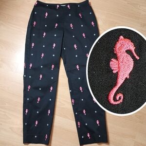 Brooks Brothers Seahorse Embroidered Black Pink Pants Size 8 Cotton Stretch